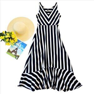 Chaps Women's Maxi Sleeveless Dress Size Large Blue White Striped Stretch Ruffle